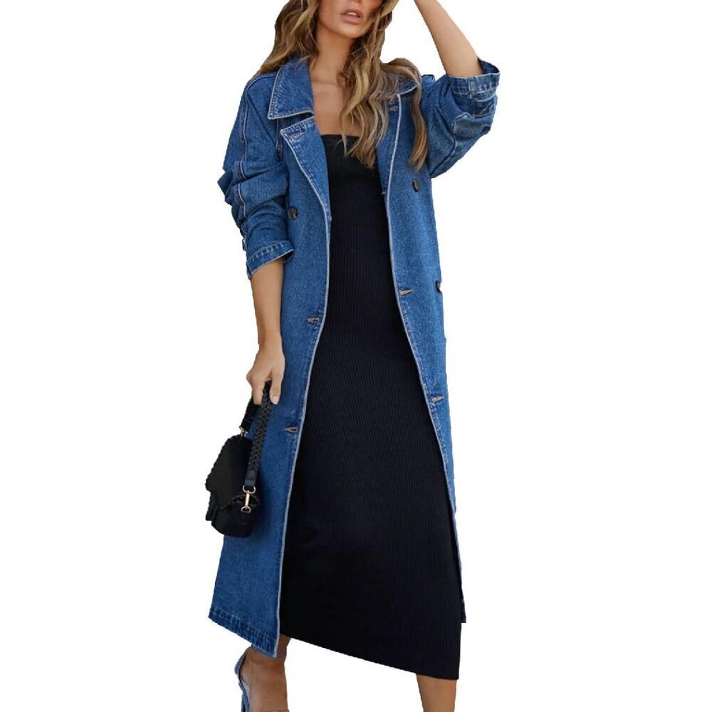 Vintage Notched Collar Denim Jacket Trench Coat Plus Size Loose Fit